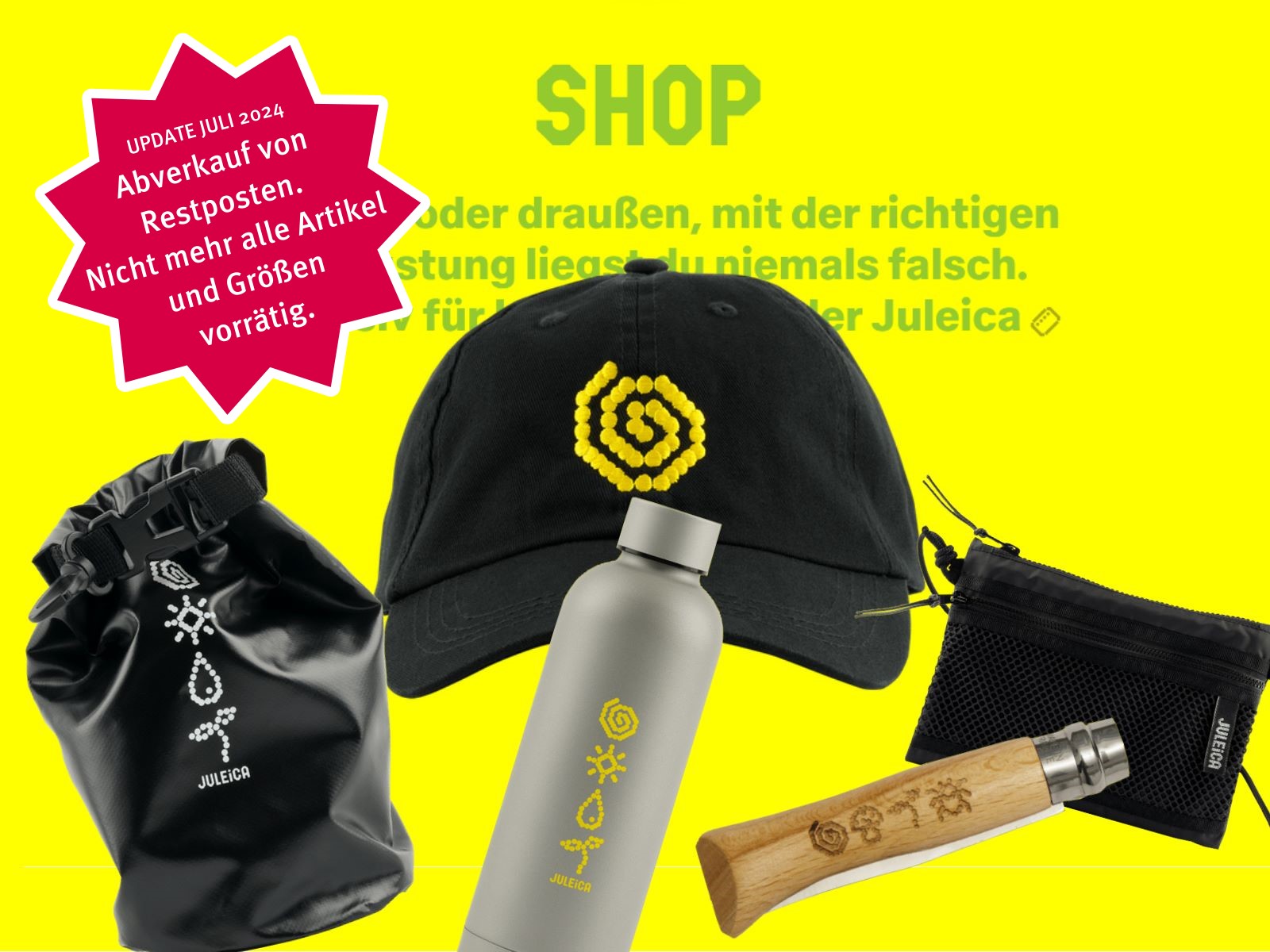 Produkte aus dem Shop auf gelbem Hintergrund: Cap, Messer, Trinkflasche, und mehr.